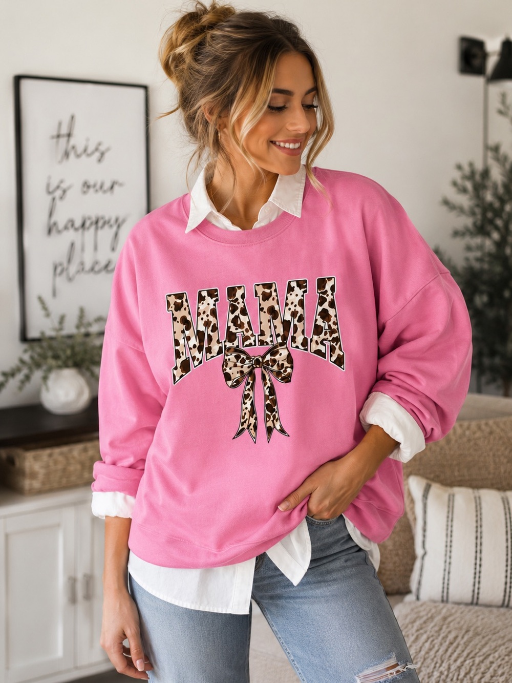 Simply Southern Mama Leopard Bow Pink Oversized Sweatshirt Size S NWT